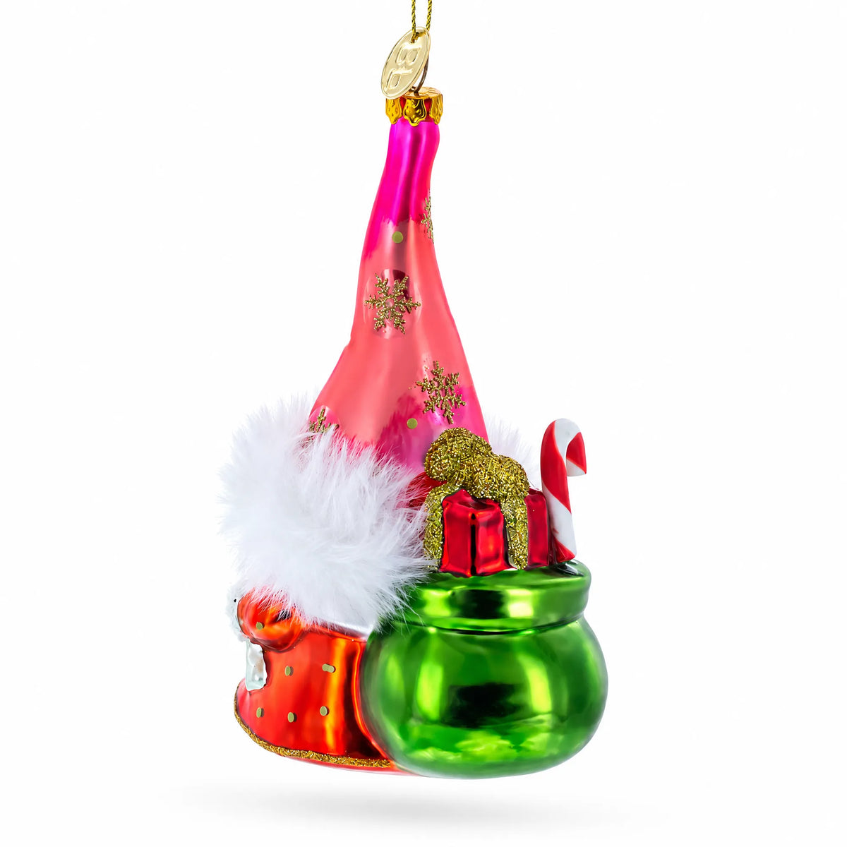 Gnome Carrying Gifts Glass Christmas Ornament