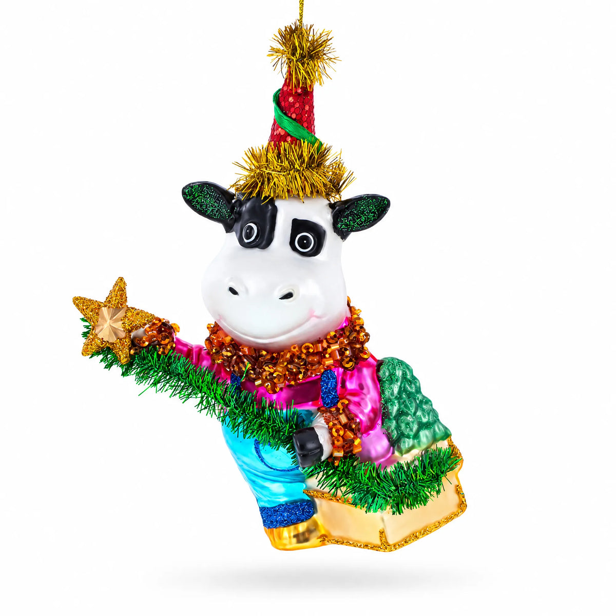 Cow Riding a Star Glass Christmas Ornament
