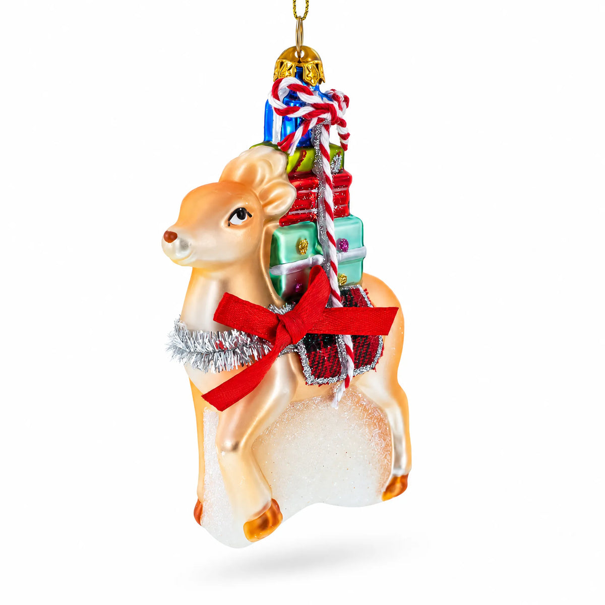 Deer Carrying Gifts Glass Christmas Ornament