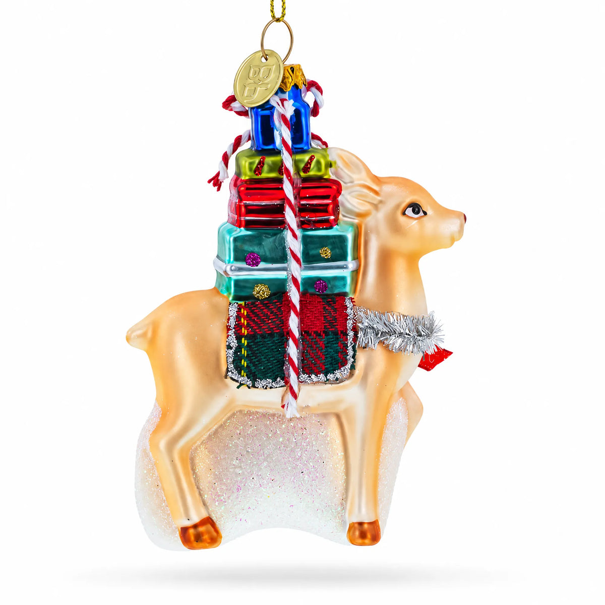 Deer Carrying Gifts Glass Christmas Ornament