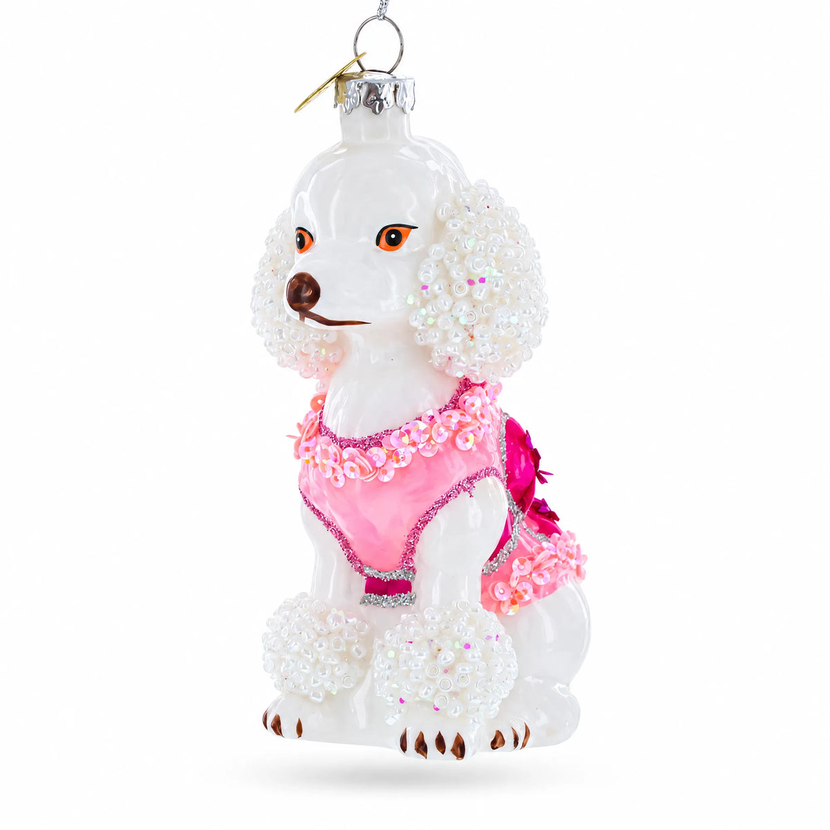 Poodle in Pink Costume Glass Christmas Ornament
