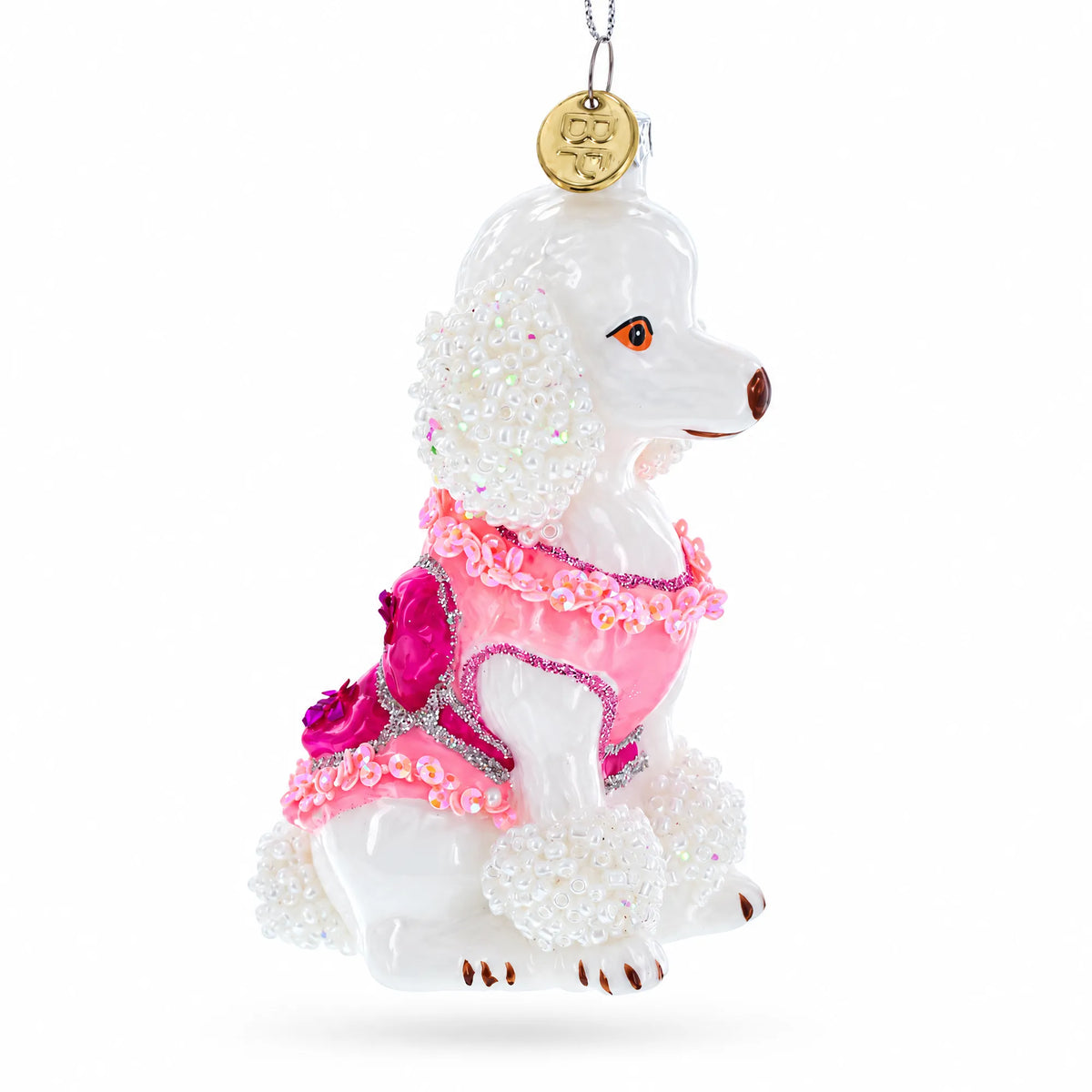 Poodle in Pink Costume Glass Christmas Ornament