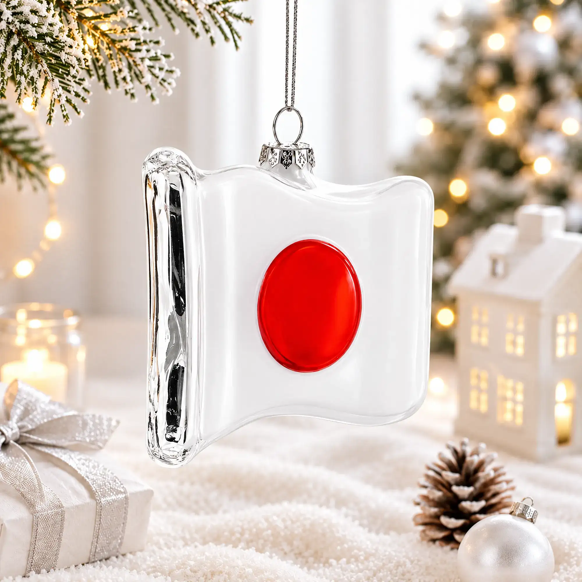 Waving Flag of Japan Glass Christmas Ornament
