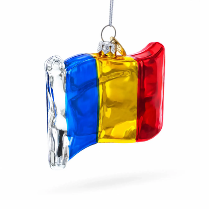 Waving Flag of Romania Glass Christmas Ornament