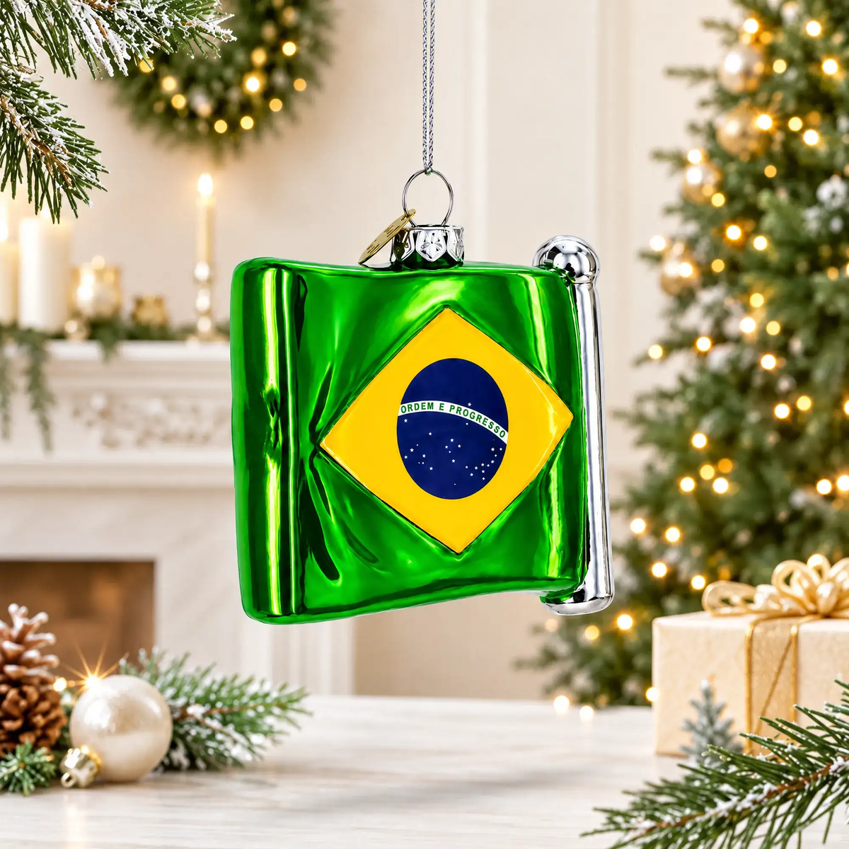 Waving Flag of Brazil Glass Christmas Ornament
