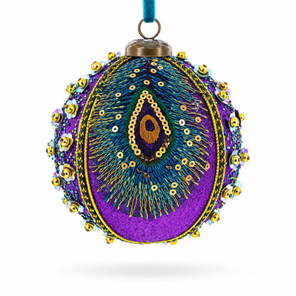 Beaded Purple Peacock Feather Glass Ball Christmas Ornament