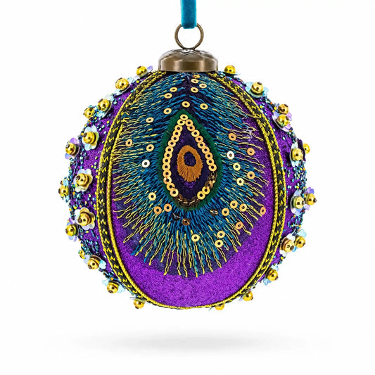 Beaded Purple Peacock Feather Glass Ball Christmas Ornament BestPysanky Default Title Default Title-