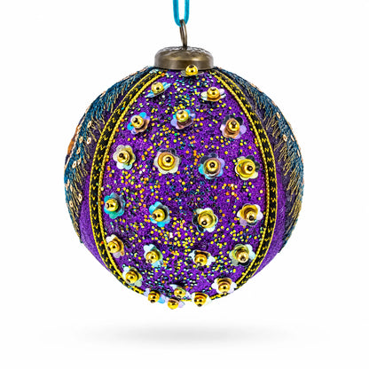 Beaded Purple Peacock Feather Glass Ball Christmas Ornament