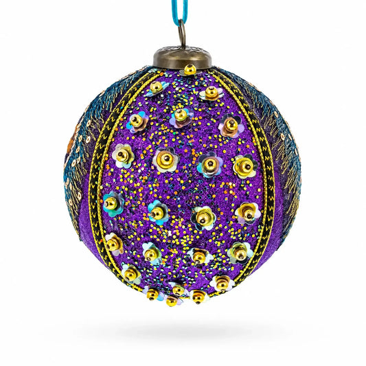 Beaded Purple Peacock Feather Glass Ball Christmas Ornament BestPysanky Default Title Default Title-