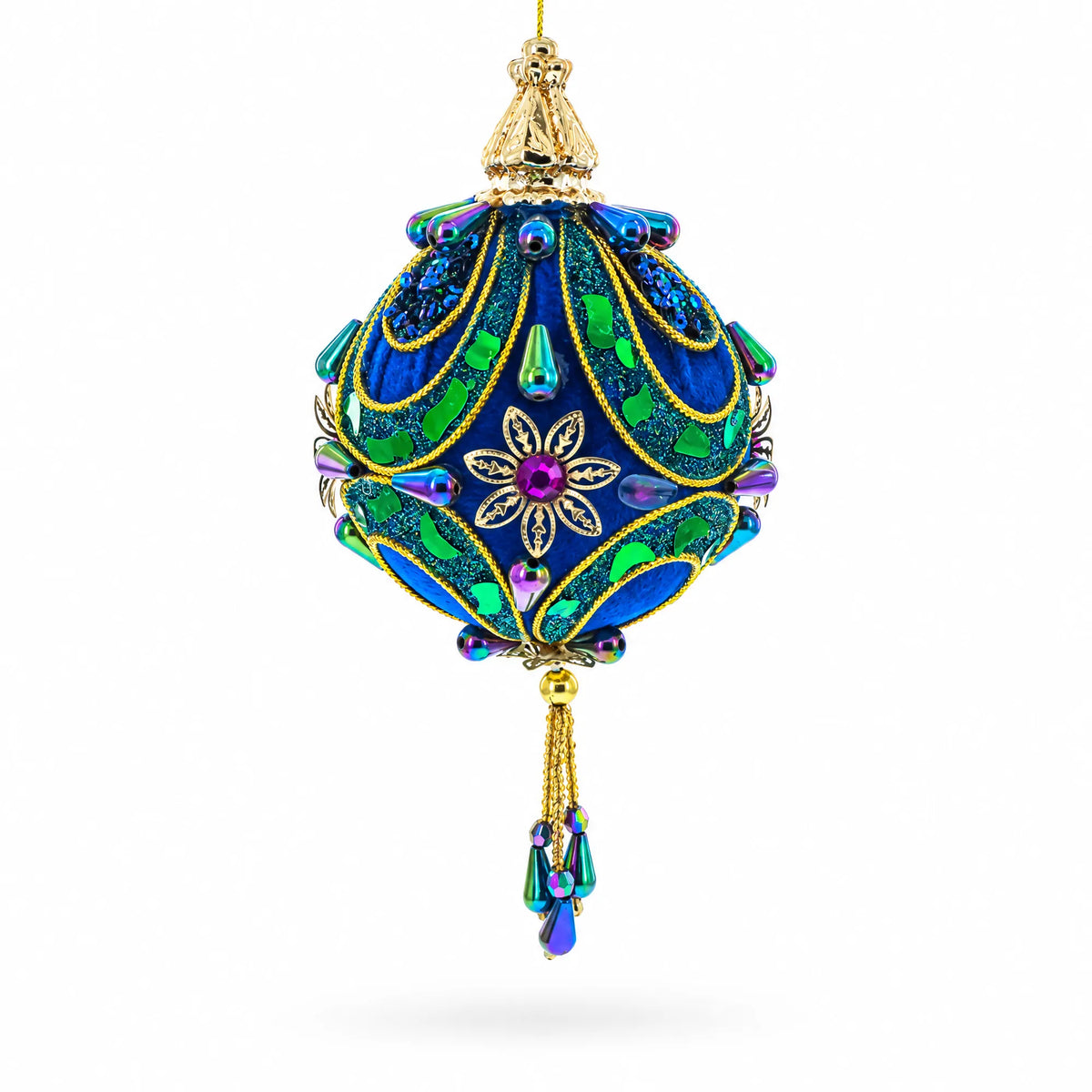 Royal Blue Jeweled  Gold Filigree Accents and Tassels Christmas Ornament