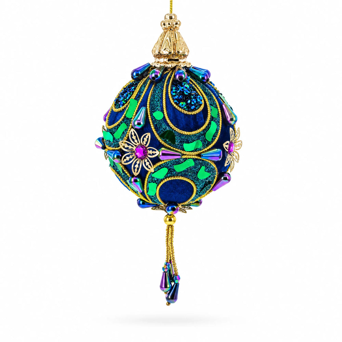 Royal Blue Jeweled  Gold Filigree Accents and Tassels Christmas Ornament