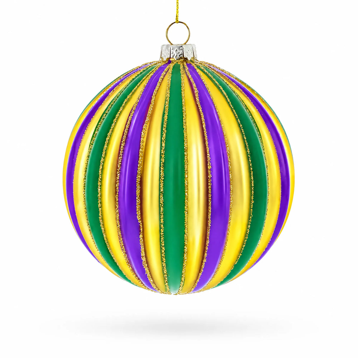 Striped Purple, Green, and Gold Glass Ball Christmas Ornament