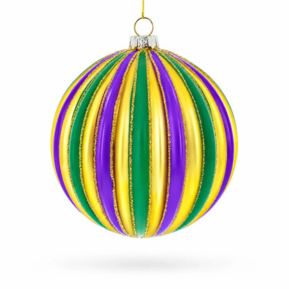 Striped Purple, Green, and Gold Glass Ball Christmas Ornament