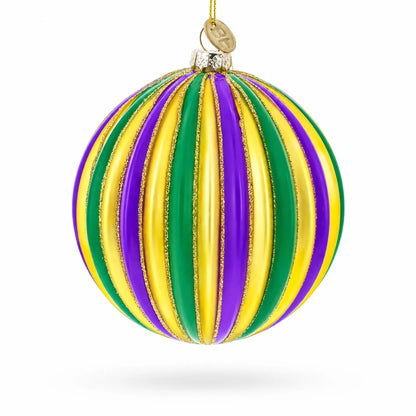 Striped Purple, Green, and Gold Glass Ball Christmas Ornament