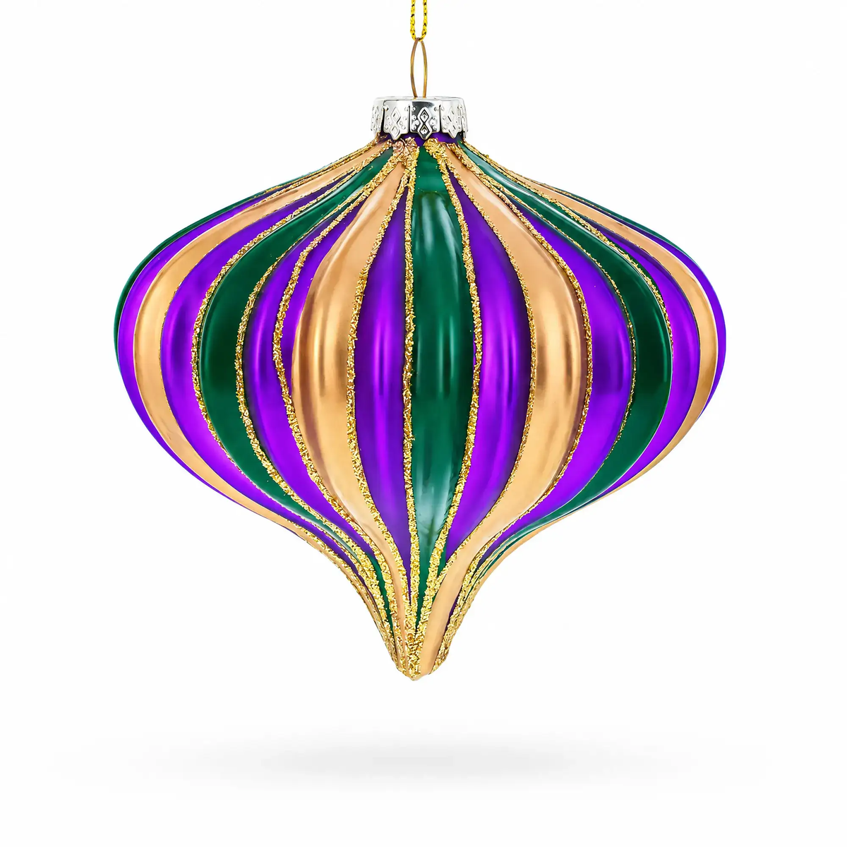 Striped  Purple, Green, and Gold Onion Finial Glass Christmas Ornament