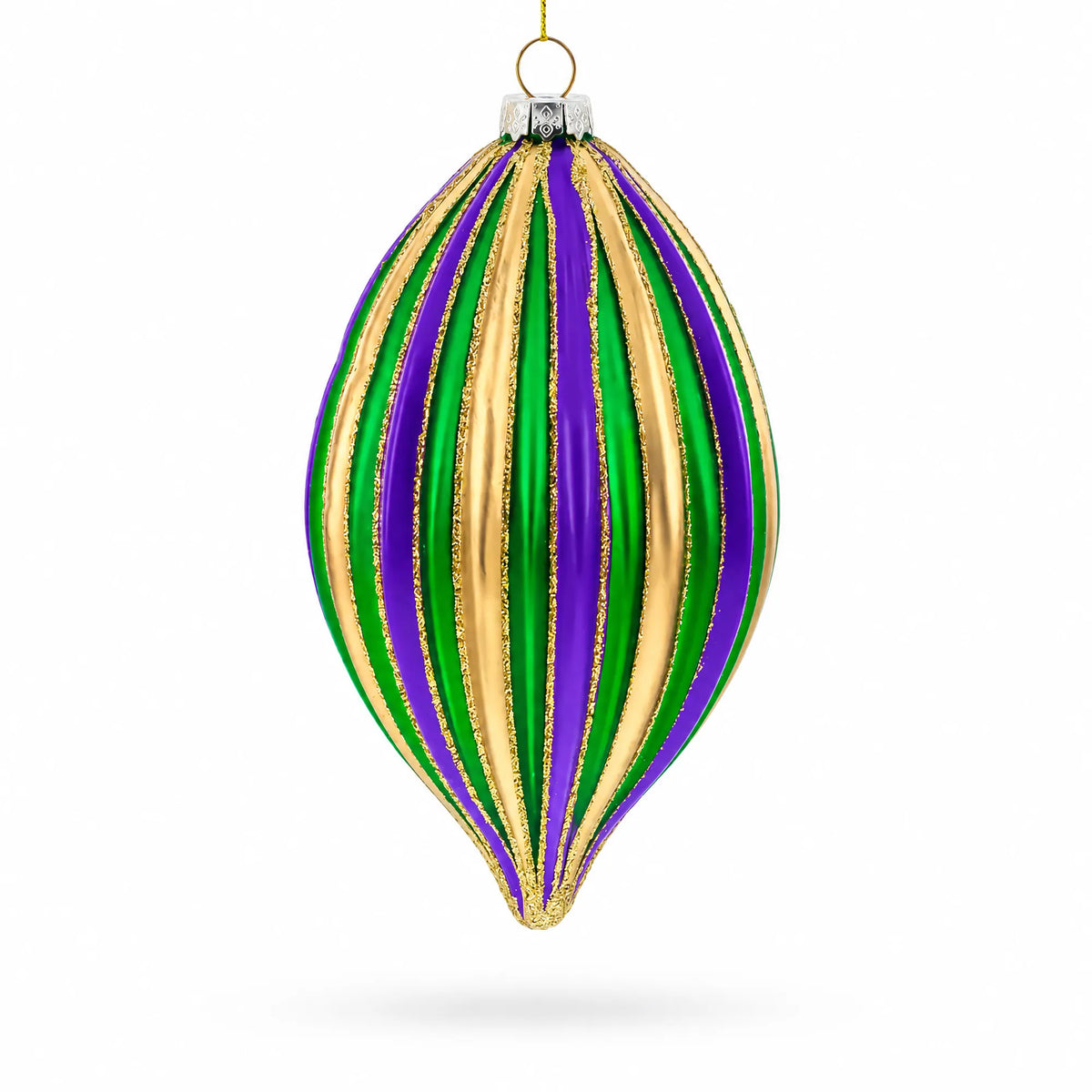 Striped Purple, Green, and Gold Teardrop Finial Glass Christmas Ornament