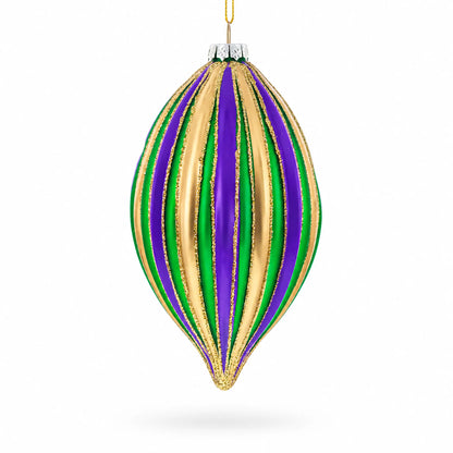 Striped Purple, Green, and Gold Teardrop Finial Glass Christmas Ornament