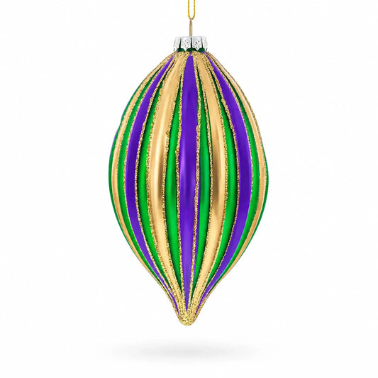 Striped Purple, Green, and Gold Teardrop Finial Glass Christmas Ornament BestPysanky Default Title Default Title-