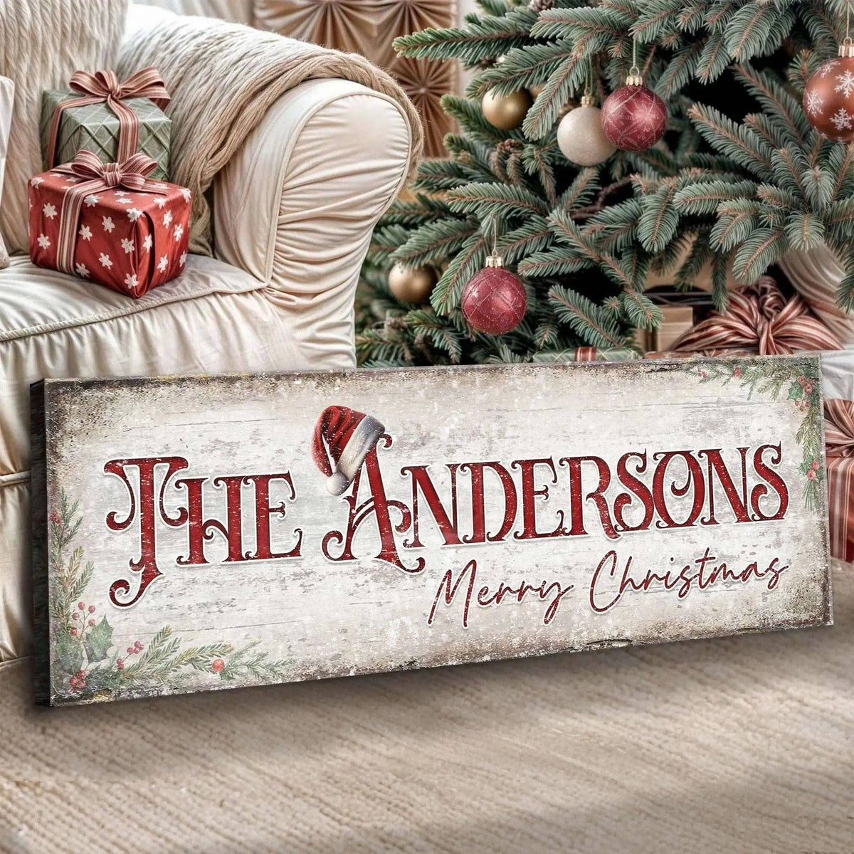 Christmas Family Name Sign II Tailored Canvases 12x36 inch Medium Premium Gallery Wrapped 16x48 inch Large Premium Gallery Wrapped 20x60 inch Extra Large Premium Gallery Wrapped 12x36 inch Medium Premium Gallery Wrapped-16x48 inch Large Premium Gallery Wrapped-20x60 inch Extra Large Premium Gallery Wrapped-