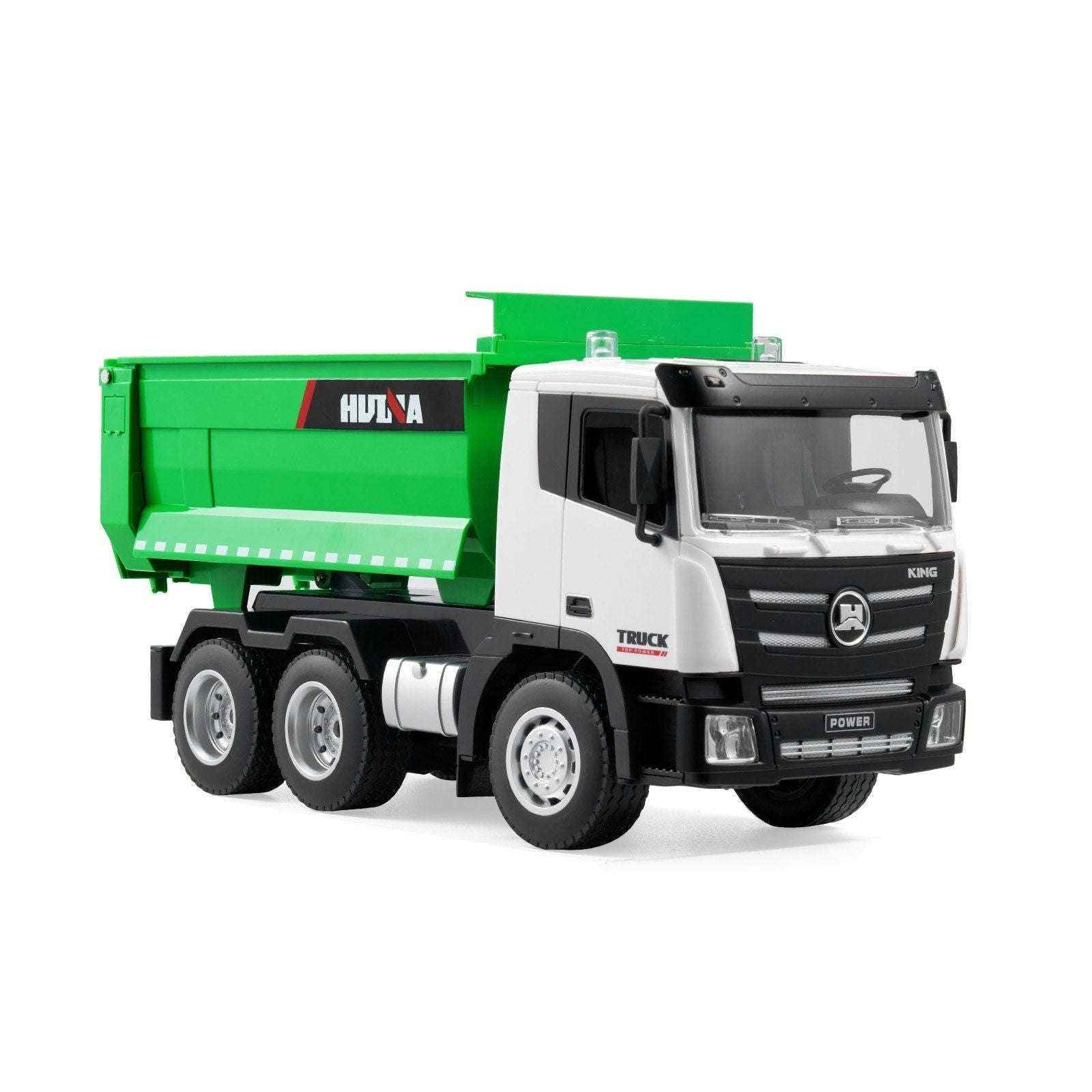 RC dump truck toy, white cab with green dump bed and chrome-style wheels
