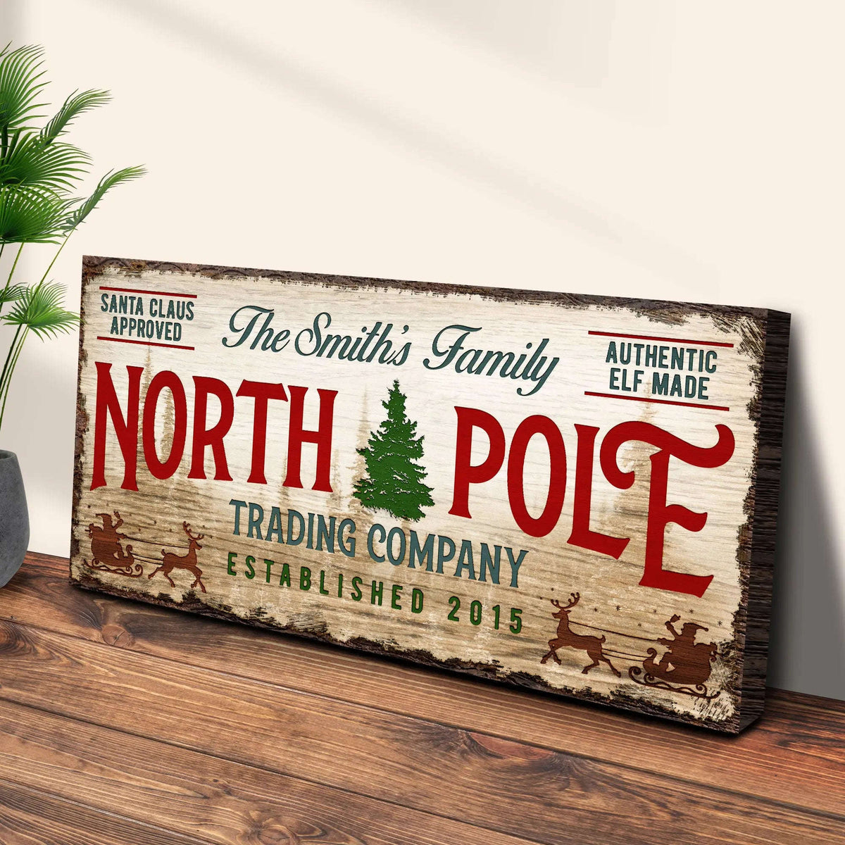 Vintage North Pole trading company wall sign on a wooden surface, rectangular canvas