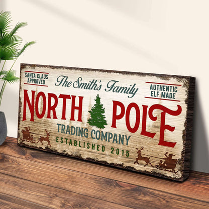 Vintage North Pole trading company wall sign on a wooden surface, rectangular canvas