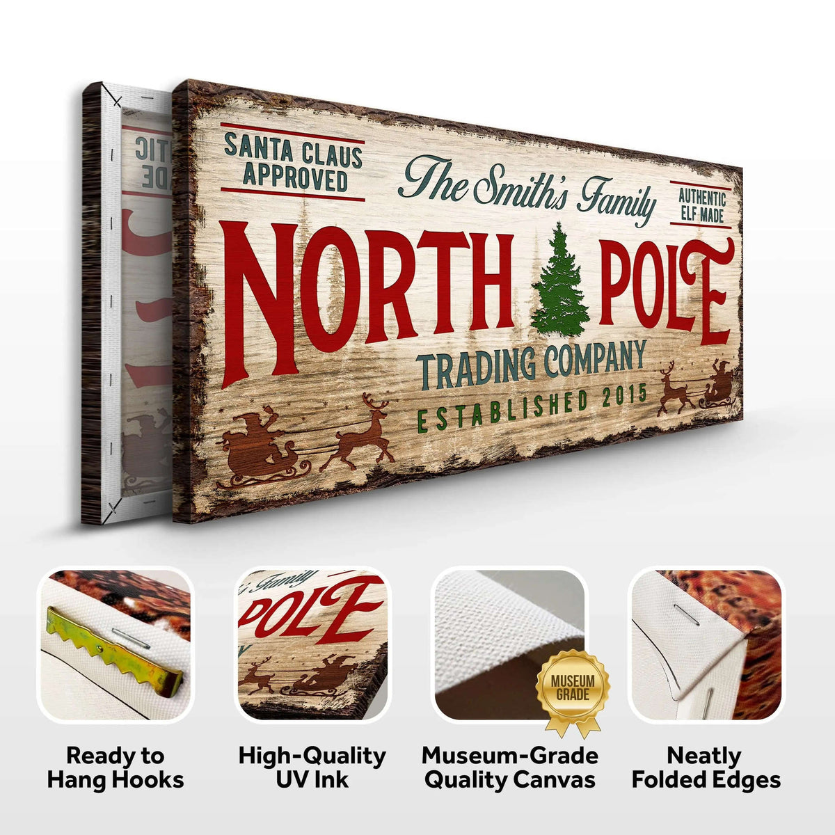 Rectangular canvas wall sign with hanging hooks shown and close-up quality-detail icons