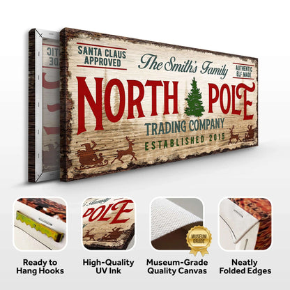 Rectangular canvas wall sign with hanging hooks shown and close-up quality-detail icons