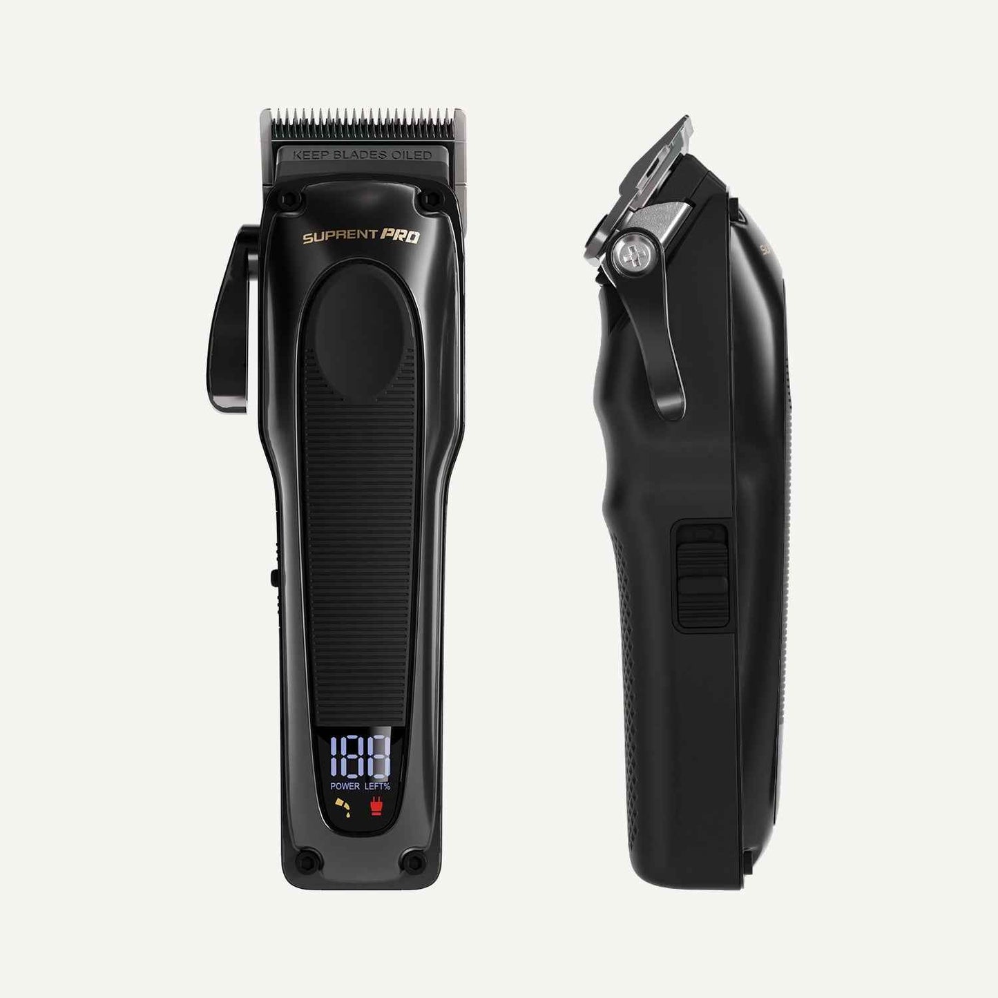 Cordless hair clipper with ergonomic rubber grip, LED power display, adjustable blade