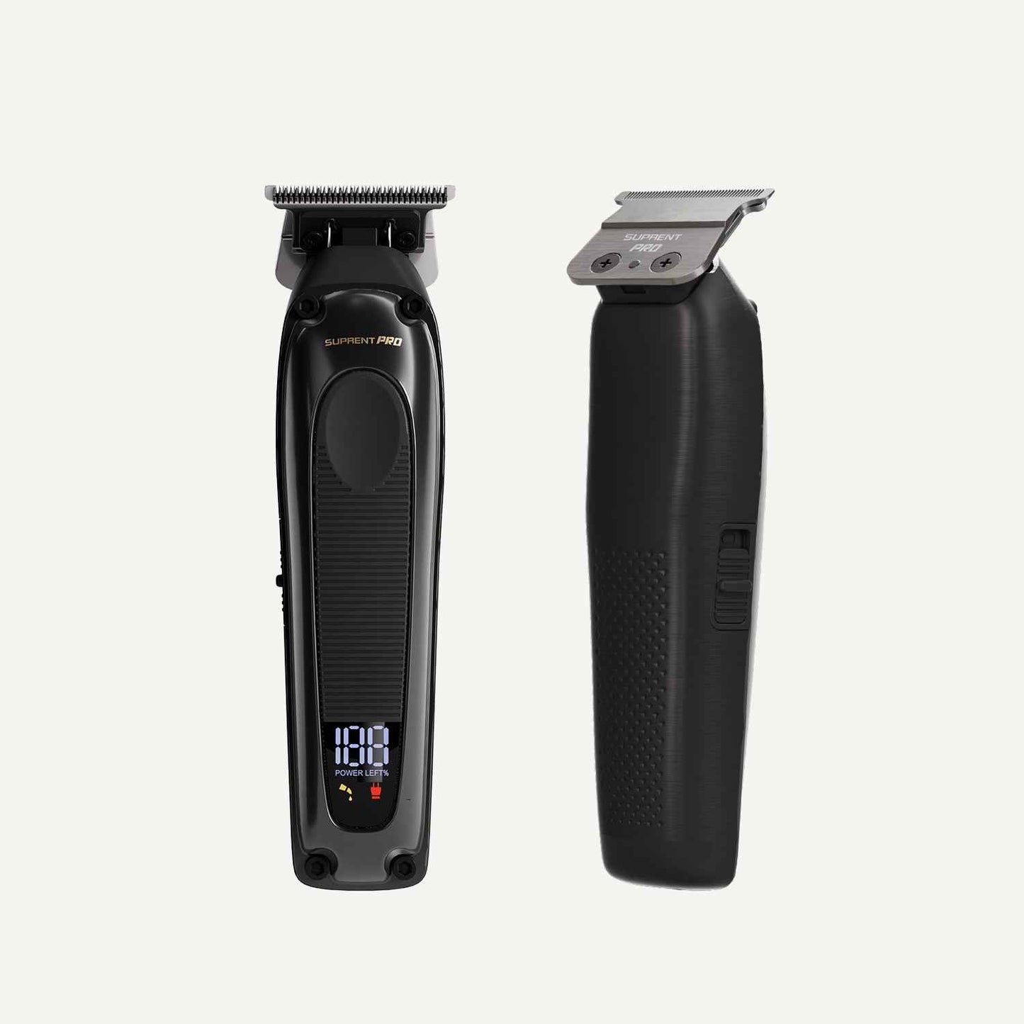 Cordless hair clipper with textured grip and side profile, LED indicator on body
