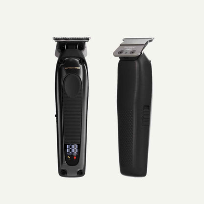 Cordless hair clipper with textured grip and side profile, LED indicator on body