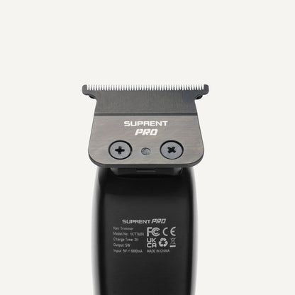 Hair clipper blade guard and control buttons on black housing
