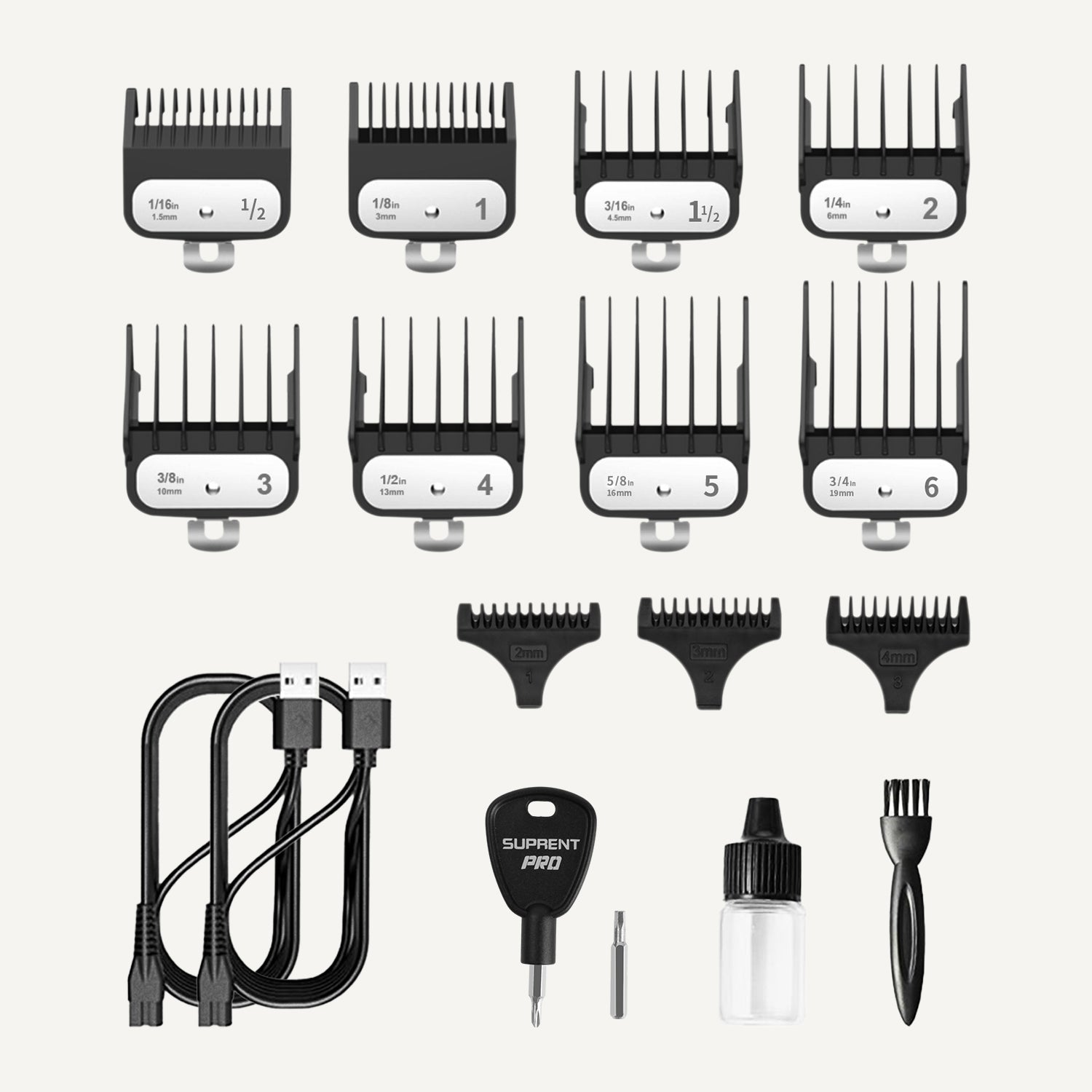 Hair clipper guide combs, cords, oil bottle, and cleaning brush kit