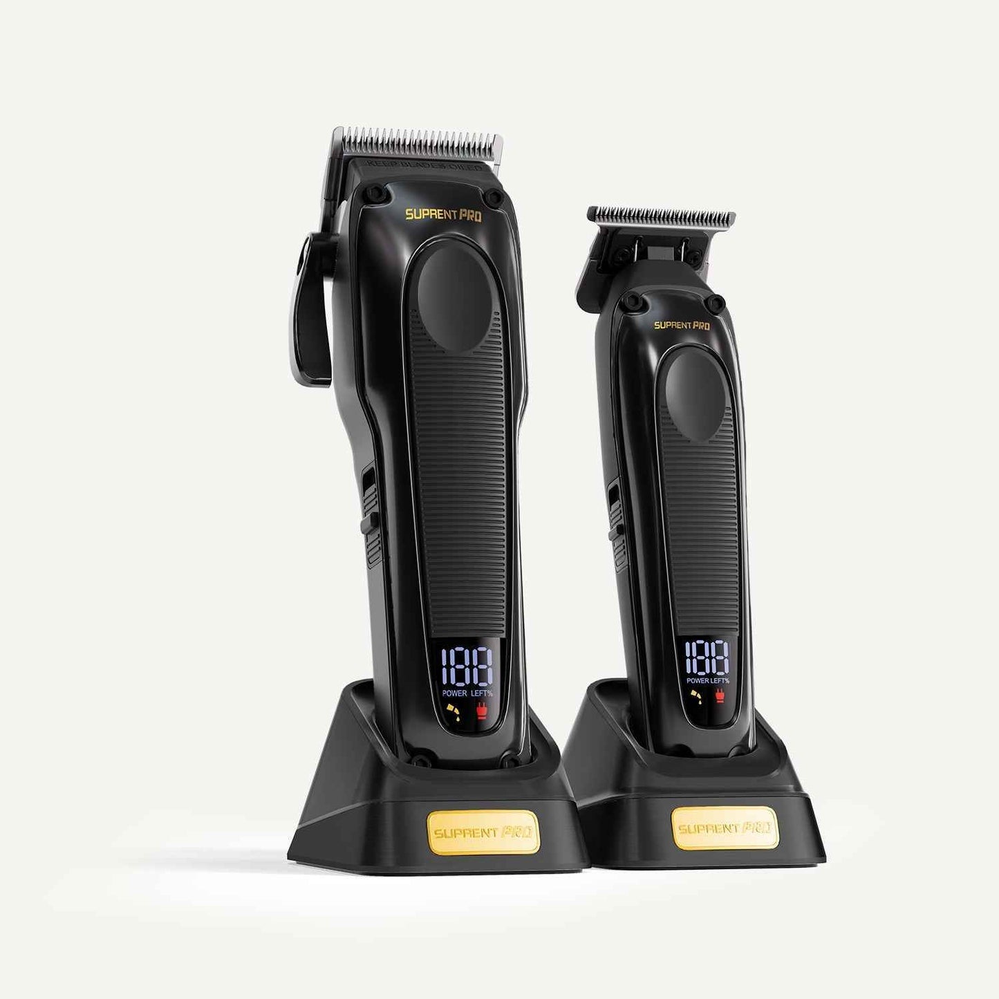 Two cordless hair clippers on charging docks with LED power indicators