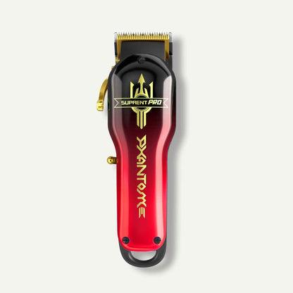Rose and black hair clipper with gold trimmer blade and guard, front view