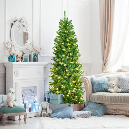 6 Feet PVC Hinged Pre-lit Artificial Fir Pencil Christmas Tree with 150 Lights
