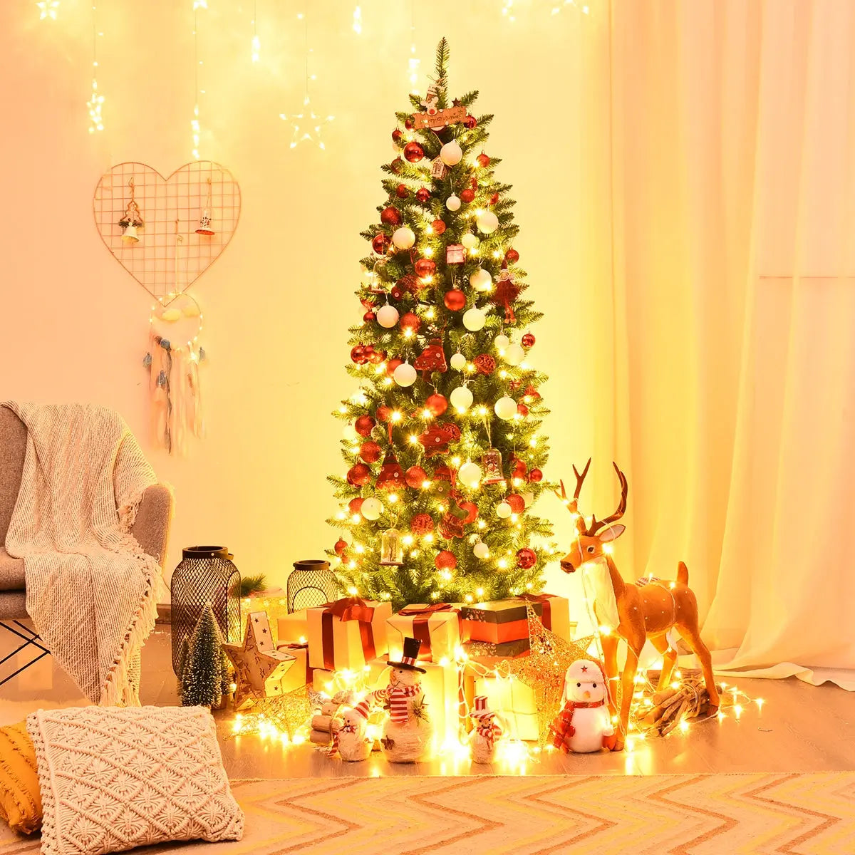 6 Feet PVC Hinged Pre-lit Artificial Fir Pencil Christmas Tree with 150 Lights