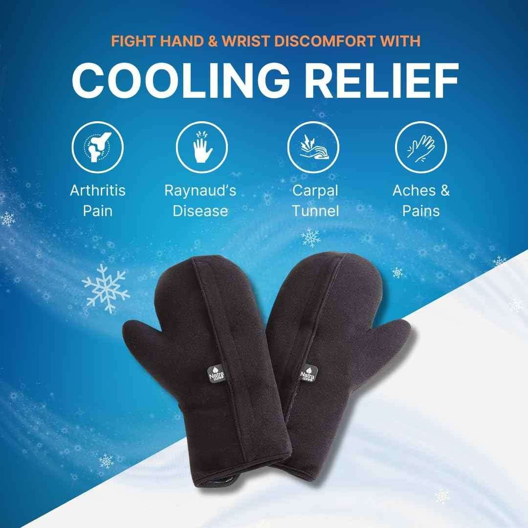 Black cold therapy gloves for hands, open cuff and padded palm