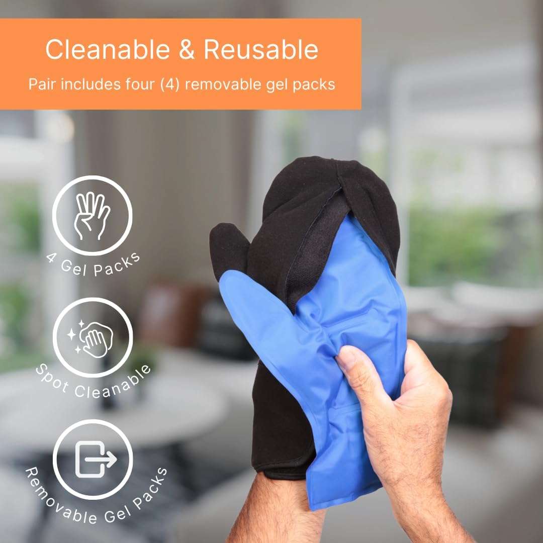 Black cold therapy gloves with removable blue gel pack insert