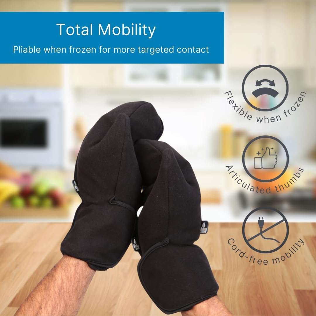 Black cold therapy gloves worn on hands, flexible open-finger cuffs