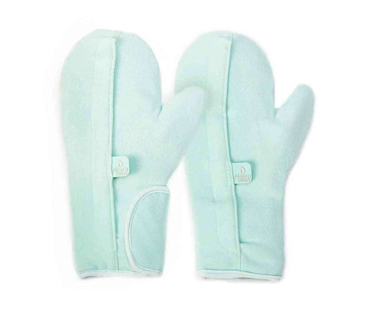 Mint blue cold therapy gloves pair with wrist straps and thumb cutout
