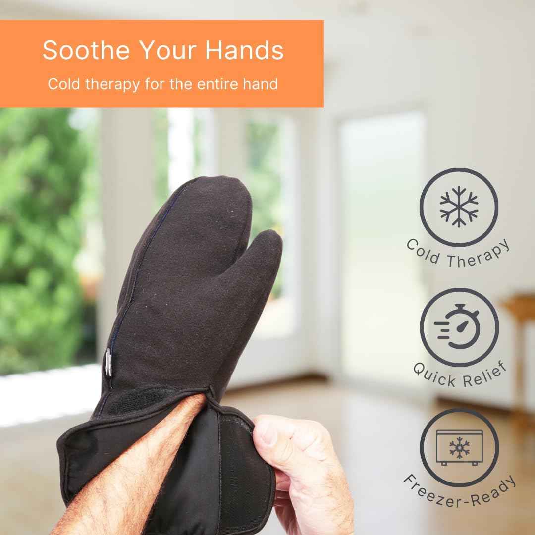 Black cold therapy gloves with thumb cut and cuff opening