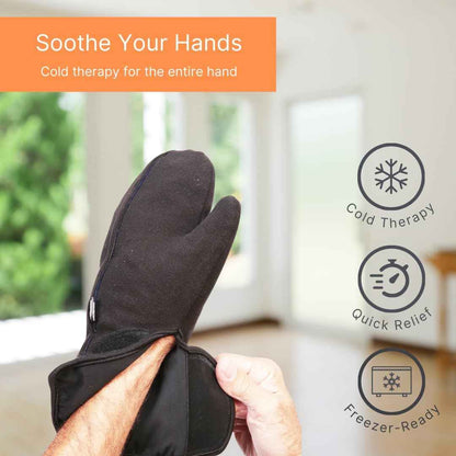 Black cold therapy gloves with thumb cut and cuff opening