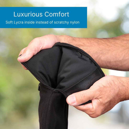 Black cold therapy glove close-up on hand, curved cuff and thumb area