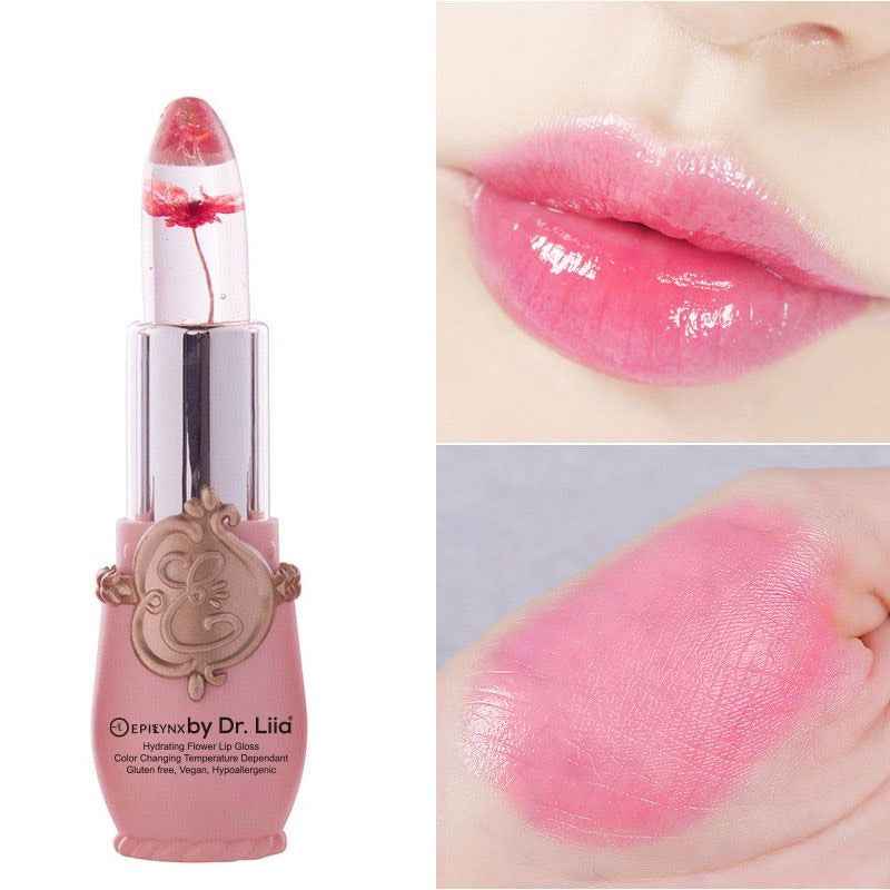 Color-changing flower lip gloss and lip swatch, pink floral tip in silver tube
