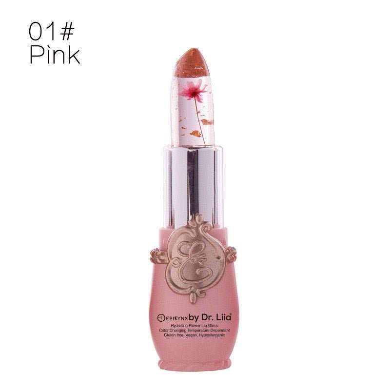 Color-changing flower lip gloss, pink shade tube with floral tip and silver cap
