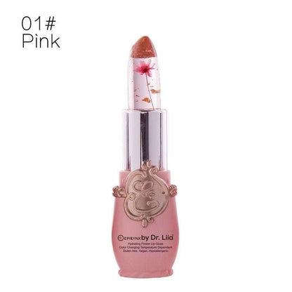 Color-changing flower lip gloss, pink shade tube with floral tip and silver cap