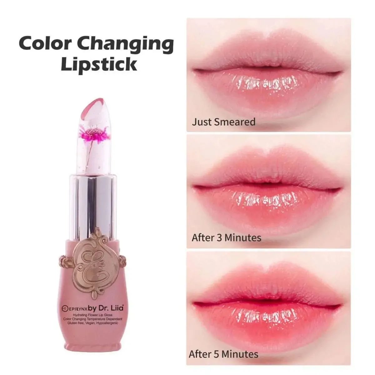 Color-Changing Flower Lip Gloss – Vegan, Gluten-Free, Hydrating Lip Balm EpiLynx pink flower #1 rose flower #2 red flower #3 pink flower #1-rose flower #2-red flower #3-yellow flower #4-green flower #5-purple flower #6-