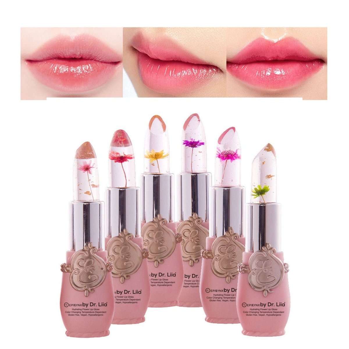 Lip gloss set with swatch lips in pink tones and flower-topped tubes