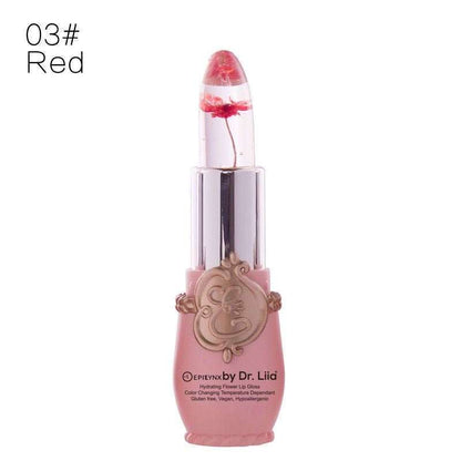 Red color-changing flower lip gloss in clear tube with pink base